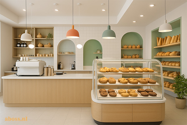Moderne backwall met open schappen en indirecte LED verlichting