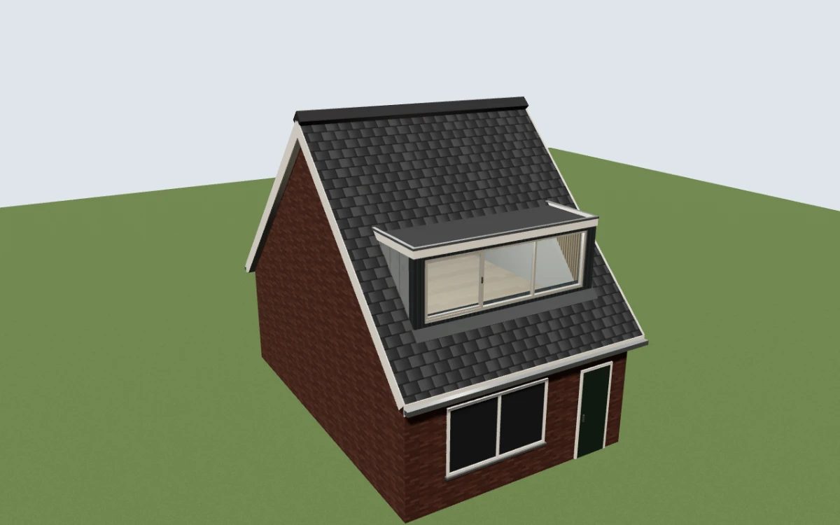 3D-model van een woning met een dakkapel met Keralit-gevel en zinken zijwangen uit de dakkapel-configurator
