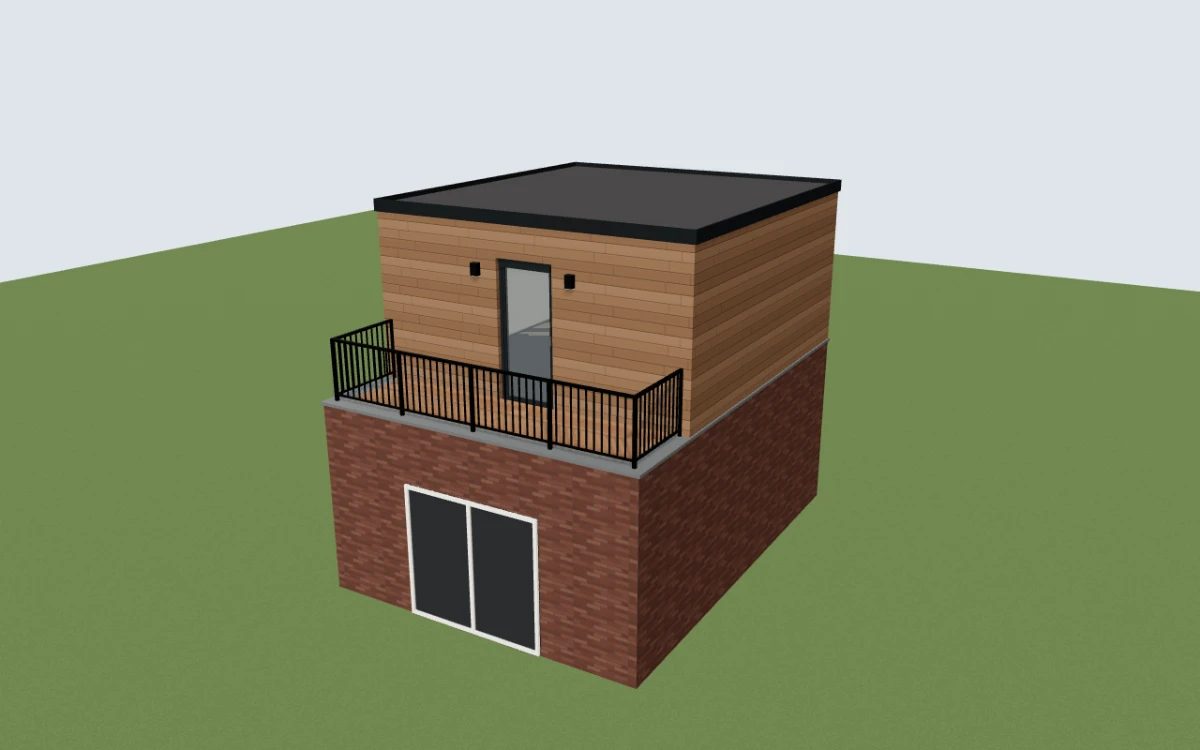3D-model van een dakopbouw met houten gevel en balkon met stalen hekwerk uit de dakopbouw-configurator