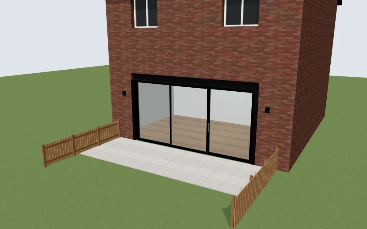 3D-model van een achtergevel met een zwart stalen portaal en schuifpui uit de stalen-portaal-configurator