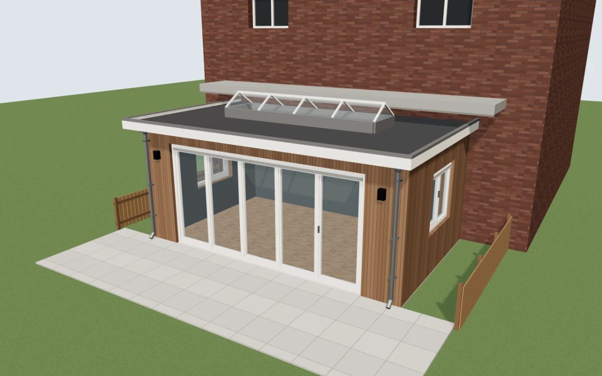 3D-model van een uitbouw met houten gevel, vouwwand en lichtstraat uit de uitbouw-configurator
