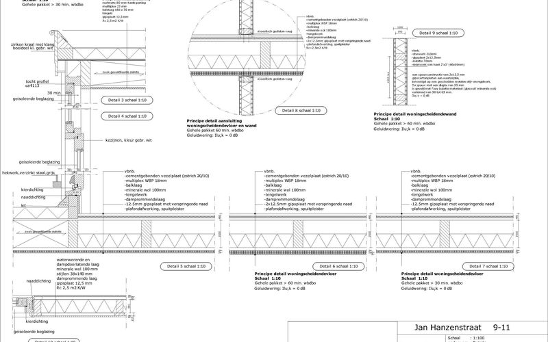 Constructieve detailtekeningen van vloeren, wanden en aansluitingen
