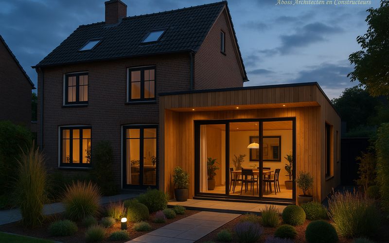 Moderne aanbouw aan een woning met een grote glazen pui
