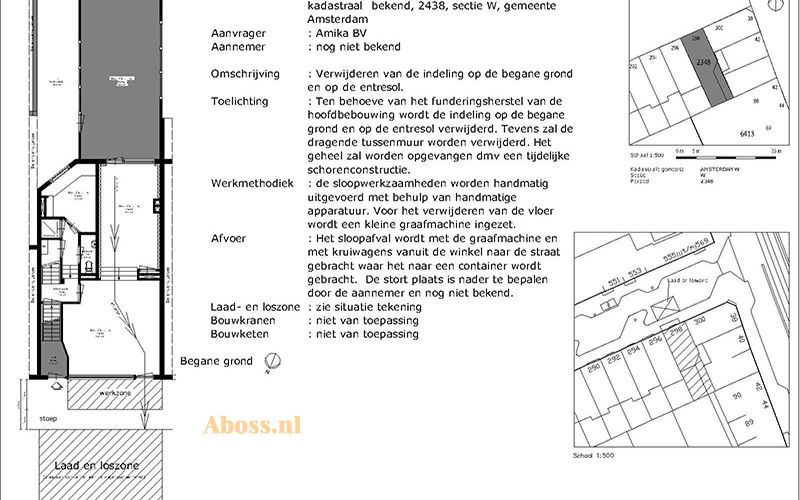 Voorbeeld van een sloopplan met plattegrond, werkzone en kadastrale situatie