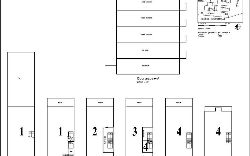Splitsingstekening met genummerde woningen per verdieping