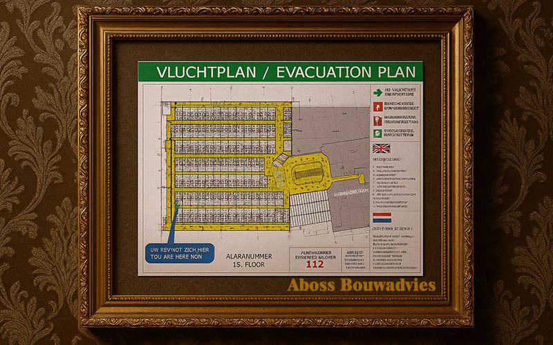 Ingelijst vluchtplan met vluchtroutes en blusmiddelen in een horecapand