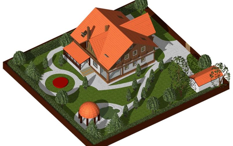 3D-impressie van een woning met tuin en erfinrichting